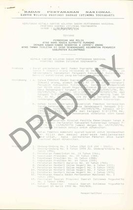 Surat Keputusan Kepala   Kantor Wilayah Badan Pertanahan Nasional Provinsi DIY. No : 64 / HM / P....