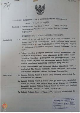 Keputusan Gubernur DIY No. 26/TIM/1988 tentang Pembentukan Tim  Khusus Peneliti Kasus Penipuan Ke...