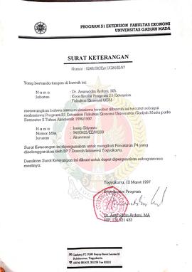 Surat Keterangan Mahasiswa Program S1 Extension Fakultas Ekonomi Universitas Gadjah Mada a.n. Jos...