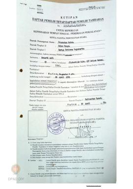 Daftar pemilih tetap / Daftar pemilih tambahan Nomor 155/LC/1-1/IV/1982 tanggal 20 April 1982 per...