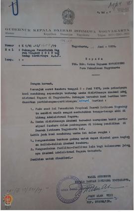 Surat dari Gubernur DIY kepada Yayasan Notokusumo Puro Pakualaman Yogyakarta tentang dukungan pem...