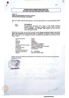 Permohonan Pembayaran Bantuan Rehabilitasi dan Rekonstruksi Rumah, Kelompok Masyarakat Planjan, K...