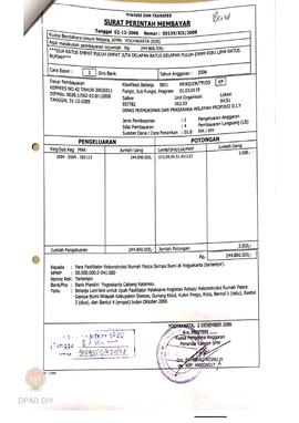 Surat Perintah Pencairan Dana kepada para Fasilitator Rekonstruksi Rumah Pasca Gempa Bumi di Yogy...