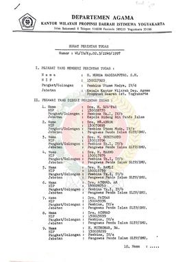 Surat Perintah Tugas Nomor: WL/I.b/Kp.02.3/2249/1997 dari Kepala Departemen Agama Daerah Istimewa...