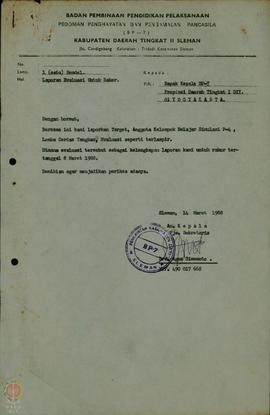 Surat dari BP-7 Kabupaten Dati II Sleman Untuk Kepala BP-7 Propinsi  Dati II DIY tanggal 14 Maret...