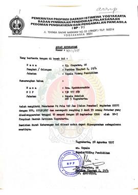 Surat Keterangan dari Kepala Bidang Pendidikan yang bertindak atas nama Kepala BP-7 Provinsi Daer...