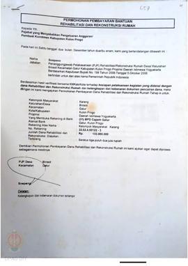 Permohonan Pembayaran Bantuan Rehabilitasi dan Rekonstruksi Rumah, Kelompok Masyarakat Karang, Ke...