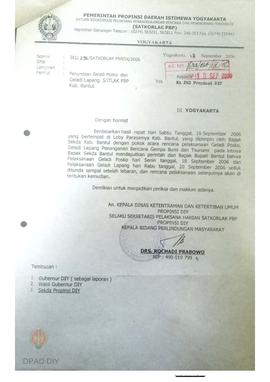 Surat nomor 361/396/SATKORLAK PBPL/IX/2006 tentang Penundaan Gladi Posko dan Gladi Lapang Penanga...