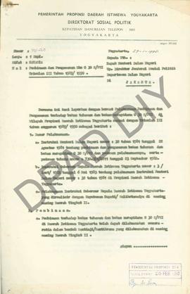 Surat dari Kepala Direktorat Sosial Politik Propinsi Daerah Istimewa Yogyakarta, Sugeng Kadarusma...