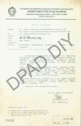 Nota Dinas dari Biro Hukum Setwilda Propinsi DIY kepada Sekwilda Propinsi DIY tentang permohonan ...