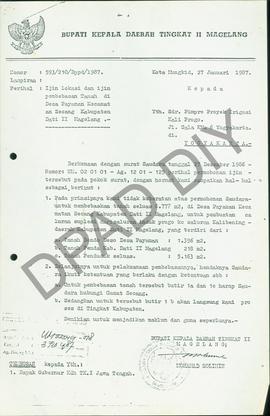 Surat dari Bupati Kepala Daerah Dati II Magelang kepada Pemimpim Proyek Irigasi Kali Progo periha...