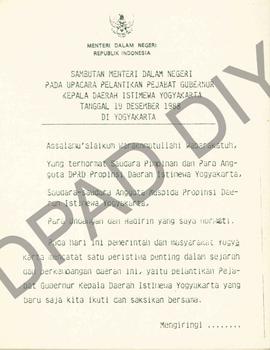 Sambutan Menteri Dalam Negeri, Rudini, pada Upacara Pelantikan Pejabat Gubernur Kepala Daerah Ist...