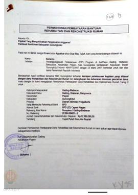 Permohonan Pembayaran Bantuan Rehabilitasi dan Rekonstruksi Rumah, Kelompok Masyarakat Gading, Ke...