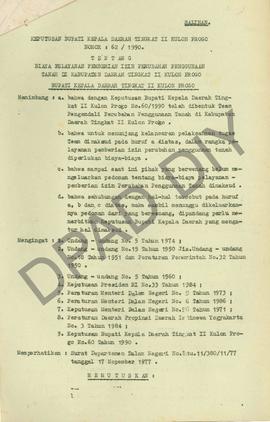 Salinan Surat Keputusan Bupati Kulon Progo Nomor 62/1990 tentang biaya pelayanan pemberian izin p...