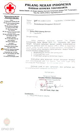 Surat No. 725/PD.13/BA/X/2006 perihal permohonan penugasan relawan 6 orang untuk membantu stand p...