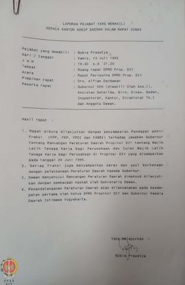 Berkas Laporan Pejabat yang mewakili Kepala Kantor Arsip Daerah dalam Rapat Dinas atas nama Bobie...