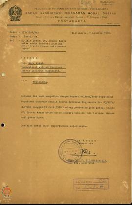 Surat dari BKPMD Yogyakarta Nomor : 571/1391/p2, tanggal 7 Agustus 1986 perihal Surat Keputusan G...