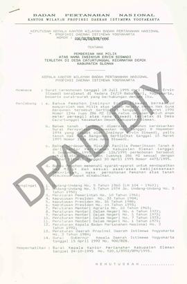 Surat Keputusan Kepala   Kantor Wilayah Badan Pertanahan Nasional Provinsi DIY. No : 026 /SK / HM...