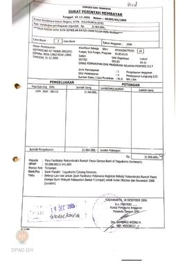 Surat Perintah Pencairan Dana kepada para Fasilitator Rekonstruksi Rumah Pasca Gempa Bumi di Yogy...