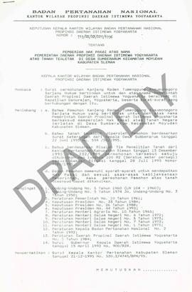 Surat Keputusan Kepala antor Wilayah Badan Pertanahan Nasional Provinsi DIY. No : 719/SK/ HP/  BP...