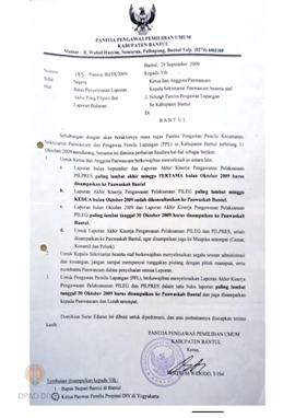Surat dari Panitia Pengawas Pemilihan Umum Kabupaten Bantul kepada Ketua dan Anggota Panwascan, K...