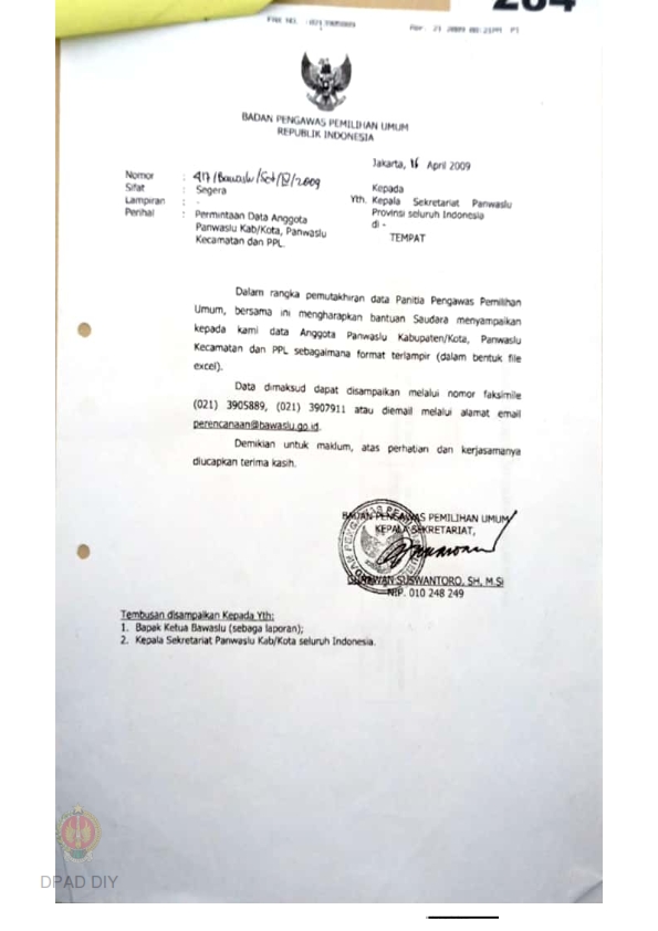 Surat Dari Badan Pengawas Pemilu RI Perihal Permintaan Data Anggota ...