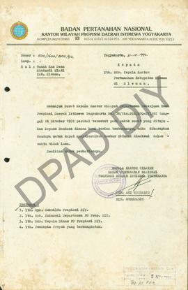 Surat dari Kepala Kantor Wilayah Badan Pertanahan Nasional Propinsi DIY, Drs. Ari Soenarjo kepada...