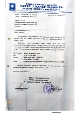 Surat dari Dewan Pimpinan Wilayah Partai Amanat Nasional kepada Panwaslu DIY tentang permohonan p...