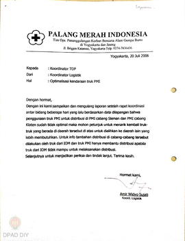 Surat optimalisasi kendaraan truk PMI yang sudah tidak optimal di PMI Sleman dan Klaten, untuk op...