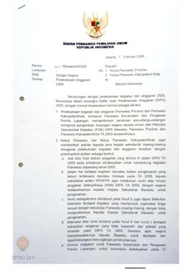 Surat dari Bawaslu kepada Ketua  Panwaslu Provinsi DIY tentang pelaksanaan anggaran Tahun 2009 kh...