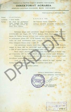 Surat Kepala Direktorat Agraria Propinsi DIY kepada Sri Paduka Wakil Gubernur Kepala Daerah DIY t...