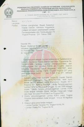 Surat dari Kepala BP-7 Pemerintah Provinsi Daerah Istimewa Yogyakarta kepada Gubernur Kepala Daer...