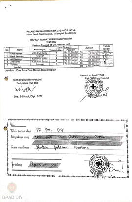 Daftar pembayaran untuk pembayaran perdiem 3 relawan Tim WATSAN PMI cabang Bnayul periode 1 s.d 1...