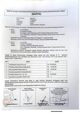 Berita Acara Penarikan/Penggunaan Dana Rehabilitasi/Rekonstruksi Rumah (BAPPD) Rusak Berat, Nama ...