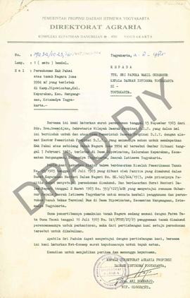 Surat Kepala Direktorat Agraria Propinsi DIY kepada Sri Paduka Wakil Gubernur DIY tentang Permoho...