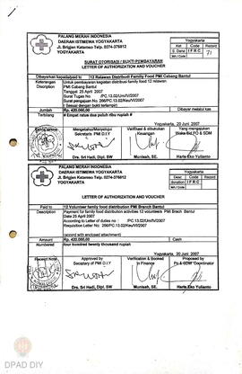Surat otorisasi/bukti pembayaran untuk pembayaran relawan gempa bumi dalam kegiatan distribusi fa...