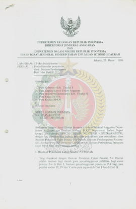 Surat dari Departemen Keuangan Republik Indonesia Direktorat Jenderal Anggaran dan Departemen Dal...