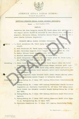 Surat Keputusan Gubernur Kepala DIY No. 15/KPTS/HGB/1988 tentang pemberian Hak Guna Bnagunan kepa...