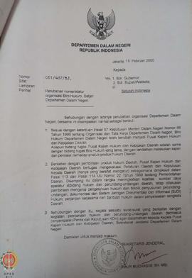 Surat dari Sekretaris Jenderal Departemen Dalam Negeri Republik Indonesia kepada Gubernur dan Bup...