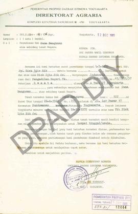 Surat Direktorat Agraria Propinsi DIY kepada Wakil Gubernur DIY tentang permohonan Hak Guna Bangu...