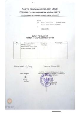 Surat Panwaslu DIY No 01/I/SP-PanwasluDIY/09 tentang SPJ Sosialisasi Panwaslu 2009 bulan Desmber ...