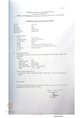 Laporan Pengawasan Pemilihan Umum Bulan Maret 2009 oleh Panitia Pengawas Umum Kabupaten Bantul