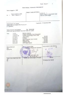 Surat tanda setoran belanja langsung program pendidikan politik masyarakat oleh Panwaslu Provinsi...