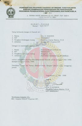 Berkas surat penugasan Aida Kusuma Wahyuni dengan jabatan Staf seksi Administrasi Pendidikan BP-7...