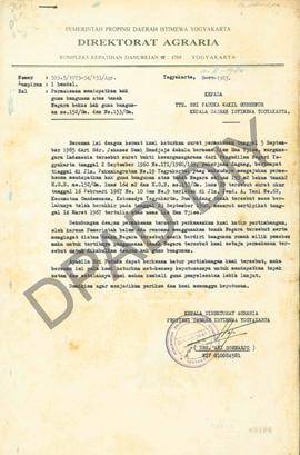 Surat Direktorat Agraria Propinsi DIY kepada Wakil Gubernur DIY tentang permohonan mendapatkan Ha...