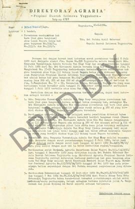 Surat Kepala Direktorat Agraria Propinsi DIY kepada Sri Paduka Wakil Gubernur Kepala DIY tentang ...