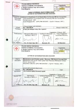 Surat otorisasi untuk pembayaran 18 unit sepeda motor yang digunakan untuk operasional Tim Recove...