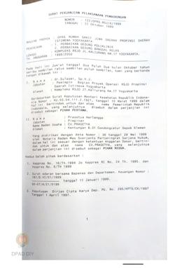 Surat perjanjian pelaksanaan pemborongan (kontrak) nomor 122/OPRS.RSJ/X/1999 oleh CV Prasetya unt...