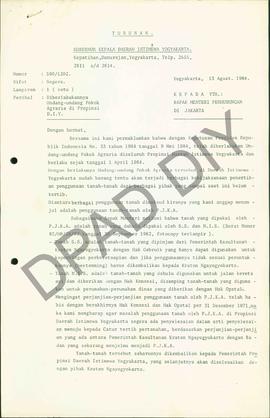 Surat dari Gub. DIY kepada Menteri Perhubungan tentang diberlakukannya Undang-Undang Pokok Agrari...