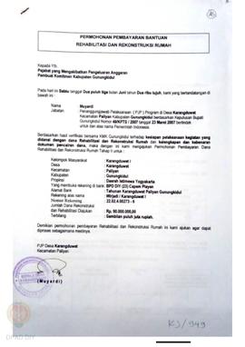 Permohonan Pembayaran Bantuan Rehabilitasi dan Rekonstruksi Rumah, Kelompok Masyarakat Karangduwe...